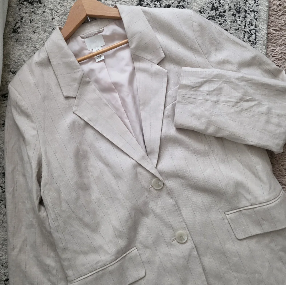 H&M Linen Blend Striped Blazer Womens M Preppy Minimalist Academia Tan Cream